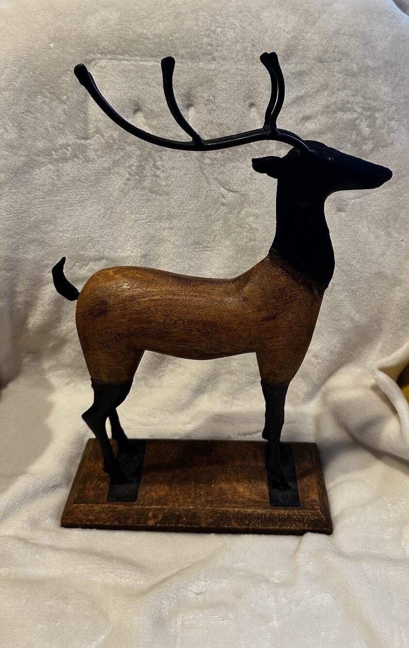 Vintage Holiday Reindeer Primitive Art Sculpture Handmade Metal & Wood 15"x9"